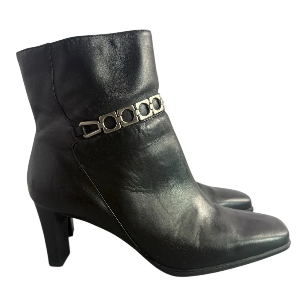 MARKON Tansy Black Leather Silver‎ Chain Square Toe Moto Ankle Boots Size 8M